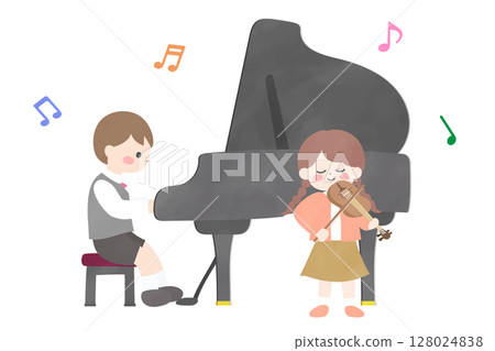 A boy playing the piano and a girl playing the violin: Illustration of a music recital 128024838