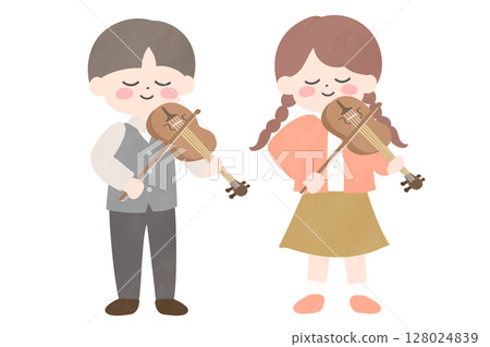 Illustration of a boy and girl playing the violin side by side 128024839
