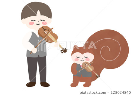一個男孩和一隻松鼠並肩拉小提琴的插圖 一個男孩和一隻松鼠並肩拉小提琴的插圖 128024840
