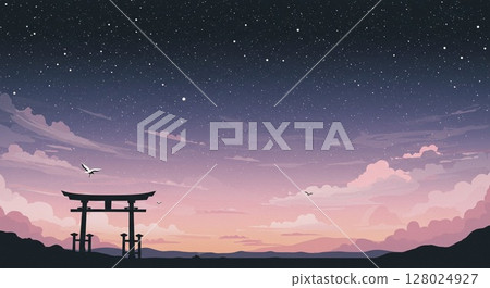 天空平靜，繁星閃爍，鳥兒優雅地飛翔。 128024927