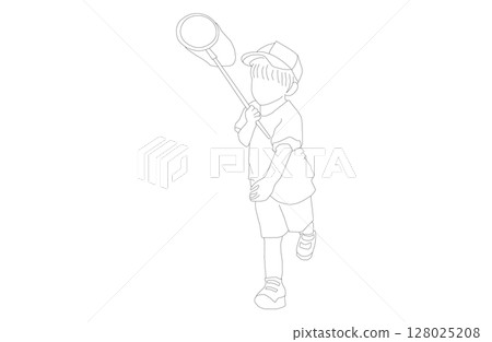 一個男孩拿著蝴蝶網奔跑的線條畫插圖 128025208