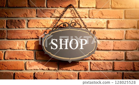 A retro iron sign that stands out against a brick wall 128025528