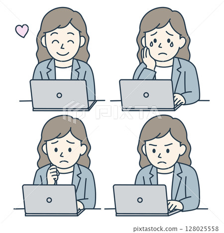 年輕女子在筆記型電腦上工作,一組四種精緻的面部表情(藍色) 年輕女子在筆記型電腦上工作,一組四種精緻的面部表情(藍色) 128025558