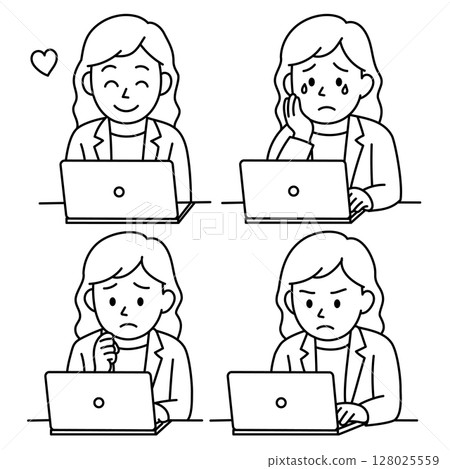 Young woman working on a laptop PC, set of four delicate facial expressions (line drawing) 128025559