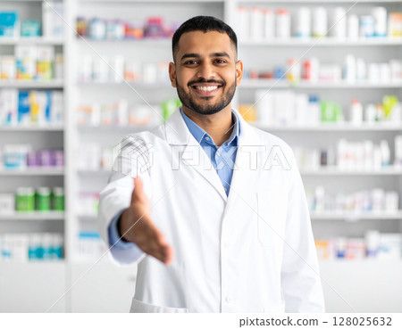 AI generated image of a pharmacist in white coat gesturing to invite customers into a well-organized pharmacy. 128025632