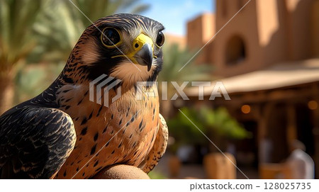 Falcon on hand, desert oasis Falcon on hand, desert oasis 128025735