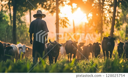 Farmer guides water buffalo herd at sunset Farmer guides water buffalo herd at sunset 128025754
