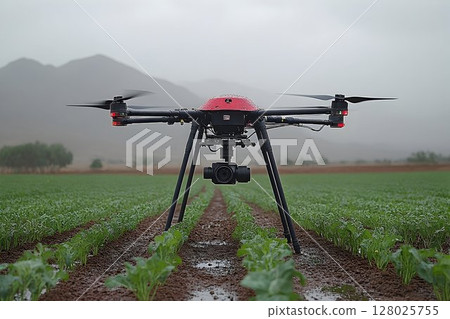 Agricultural drone surveying field in rain Agricultural drone surveying field in rain 128025755