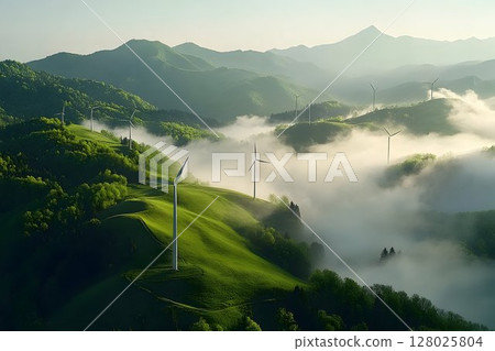 Misty mountain wind turbines, green hills Misty mountain wind turbines, green hills 128025804