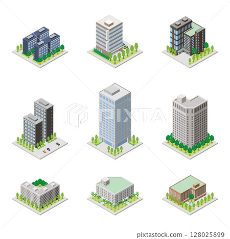 建築物的 3D 插圖。等軸測圖。 建築物的 3D 插圖。等軸測圖。 128025899