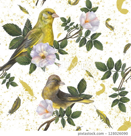 Greenfinch birds, feathers, rosehip flowers, leaves and watercolor splash on transparentbackground hand drawn. Seamless pattern watercolor illustrations for fabric, textile, prints, design  128026090