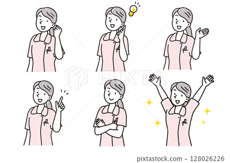 Set illustration of a young female nurse posing with a smile Set illustration of a young female nurse posing with a smile 128026226
