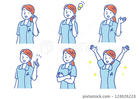 Set illustration of a young female nurse posing with a smile 128026228