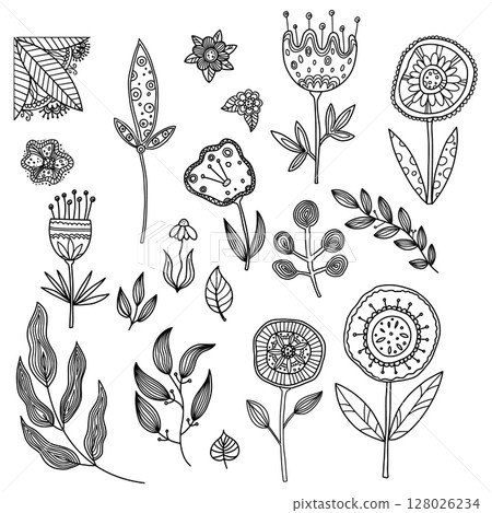Contoured flowers in doodle style. Antistress coloring book. large botanical set. 128026234