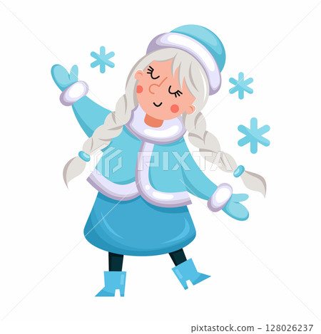 Russian Snegurochka or Snow Maiden dancing on white background. Vector illustration in cartoon style. Merry Christmas and Happy New Year. 128026237
