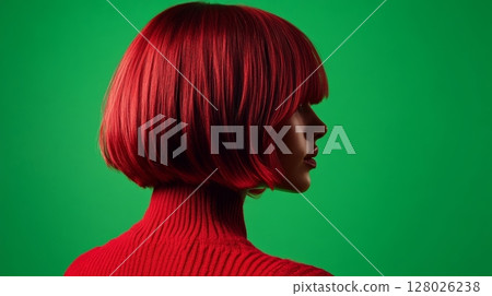 A model featuring a dramatic asymmetrical bob in fiery red 128026238