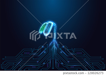 Digital sustainability crisis concept with wilting plant and circuit board in low poly vector style Digital sustainability crisis concept with wilting plant and circuit board in low poly vector style 128026273