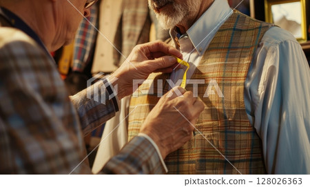 With a measuring tape dd around his neck a tailor consults with his client to ensure a perfect fit for their bespoke ensemble 128026363