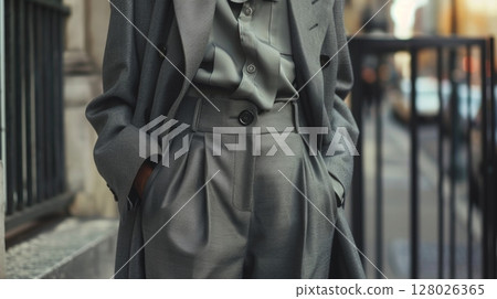 A chic and sophisticated allgrey outfit consisting of a buttonup blouse wideleg pants and a tailored coat. The monochrome color scheme adds to the overall polished and elegant look 128026365