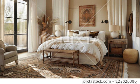 A handwoven Persian rug layered over a jute rug adds a touch of timeless luxury and texture to a traditionally styled bedroom 128026390