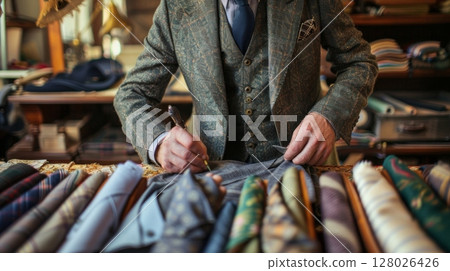 In a cozy workshop adorned with bolts of fabric a tailor carefully s and sews a oneofakind suit 128026426