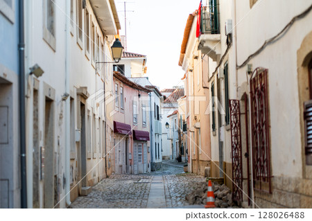 Charming Cobblestone Street in Cascais, Portugal 128026488