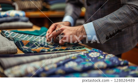 Custom patterns and fabric swatches are laid out on a ting table as a tailor chooses the perfect combination for a bespoke suit 128026489