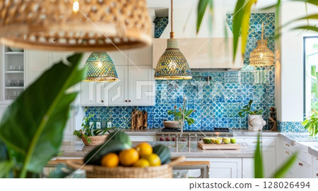 A beach house kitchen with a touch of tropical flair featuring vibrant greenery wicker pendant lights and a colorful mosaic tile backsplash 128026494