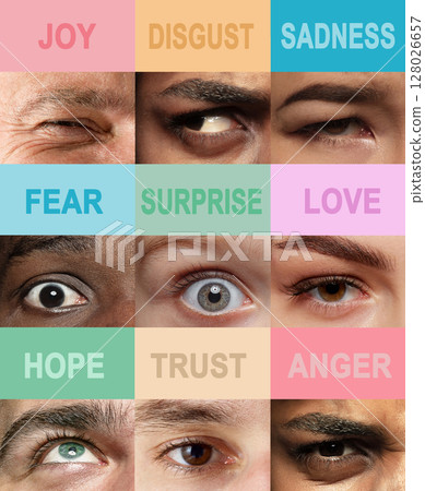 Emotions expressed through eyes and brows in colorful visual grid. Creative collage 128026657