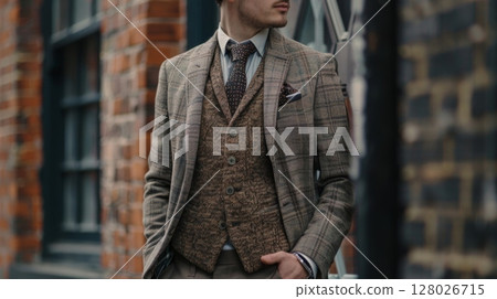 A timeless tweed blazer in muted tones of beige and brown perfect for adding a touch of class to any outfit 128026715
