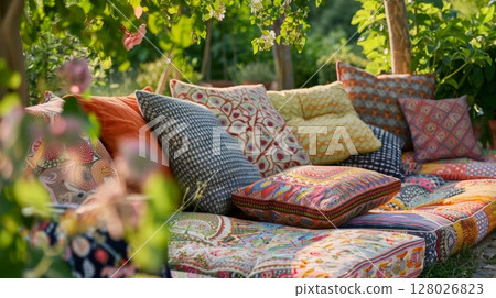 An enchanting garden corner with an array of mismatched patterned cushions on the seating. Perfect for hosting picnics or simply lounging with a good book An enchanting garden corner with an array of mismatched patterned cushions on the seating. Perfect for hosting picnics or simply lounging with a good book 128026823