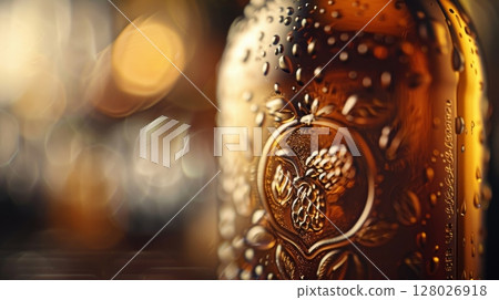 A macro shot of a craft beer bottle highlighting the intricate details of the embossed logo on the glass. The logo features a whimsical illustration of a hop plant adding a touch o 128026918