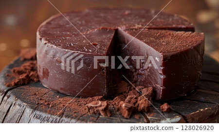 A closeup of a deep red cheese aged and preserved with a layer of red wine and cocoa powder giving it a complex and bold taste A closeup of a deep red cheese aged and preserved with a layer of red wine and cocoa powder giving it a complex and bold taste 128026920