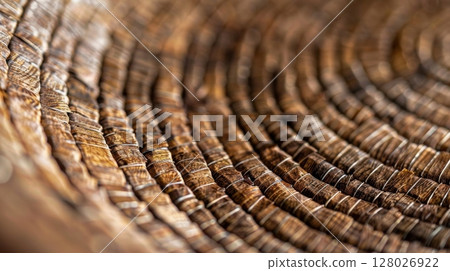 In this detailed shot the unique texture of a handwoven palm leaf basket is emphasized showcasing the naturally rough and rustic nature of the material 128026922