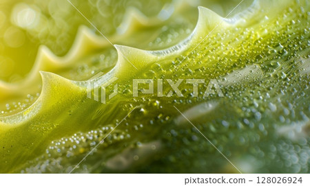 A macro shot of a small section of a luscious green aloe vera leaf highlighting its bumpy and gellike texture 128026924