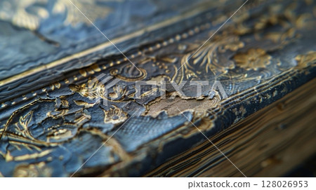 A closeup of the spine reveals intricate embossed designs and fading gold lettering. There are also small tears and frayed edges adding to the books wellloved appearance A closeup of the spine reveals intricate embossed designs and fading gold lettering. There are also small tears and frayed edges adding to the books wellloved appearance 128026953