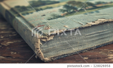 The cover of the book is made of a textured fabric with a faded illustration of a countryside scene. There are also small patches of discoloration adding to its vintage aesthetic The cover of the book is made of a textured fabric with a faded illustration of a countryside scene. There are also small patches of discoloration adding to its vintage aesthetic 128026958