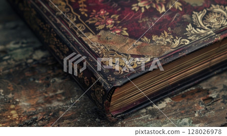 The cover of the book is a deep burgundy color with faded gold lettering and designs. As the book is od the spine reveals a delicate floral pattern hinting at the beauty that lies withi The cover of the book is a deep burgundy color with faded gold lettering and designs. As the book is od the spine reveals a delicate floral pattern hinting at the beauty that lies withi 128026978