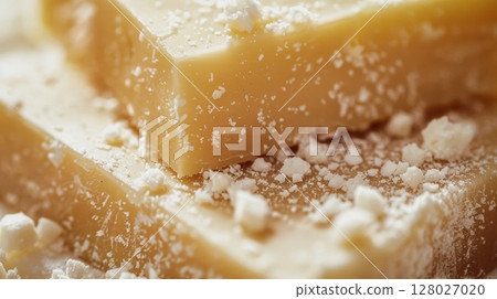 A closeup of a rich buttery cheese with a smooth surface and a faint sprinkle of sea salt on top adding a hint of brine 128027020