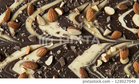A luxurious chocolate bar with a marbled surface of dark and white chocolate studded with chunks of crunchy almonds and filled with a luscious almond buttercream 128027040