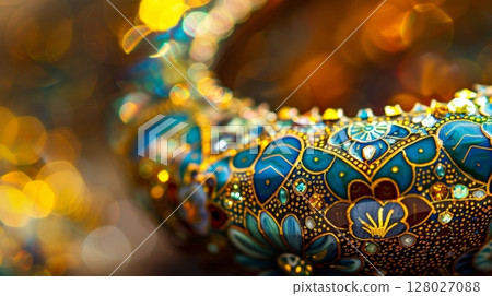 The rich golden tones of a handpainted enamel necklace catch the light highlighting the precise brushstrokes and intricate patterns 128027088