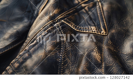 The natural imperfections and markings on a leather jacket are highlighted in this closeup shot. Each mark tells a story and adds character to the already sleek and stylish design o 128027142