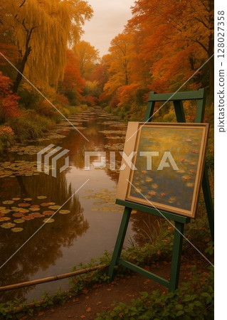 秋日夕陽映照下的莫內花園，有著馬爾莫丹風格的景觀 128027358