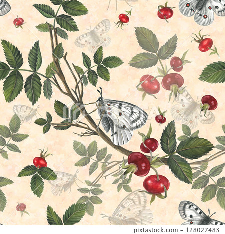 White butterfly apollo and red berries rose hips. Seamless pattern watercolor illustration on a color background for fabric, textile, prints, design  128027483
