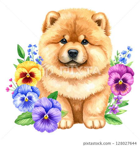 Pansy Viola 和鬆獅犬幼犬的水彩畫 1 / 傳單和海報材料 128027644