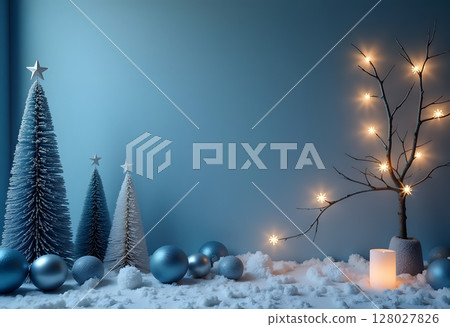 Scandinavian-style Christmas decor in blue with yellow lights 128027826
