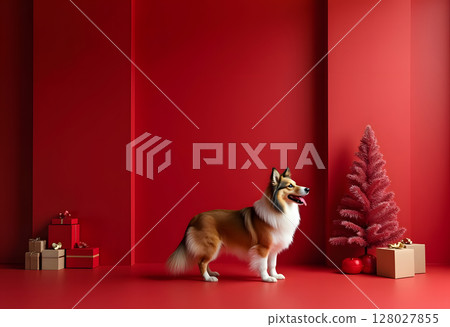 A collie dog in a red interior with Christmas gifts and a Christmas tree 128027855