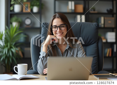 Middle age European business woman CEO using laptop application for work at table workspace in office. Smiling Latin Hispanic mature adult professional businesswoman using pc digital computer. Banner 128027874