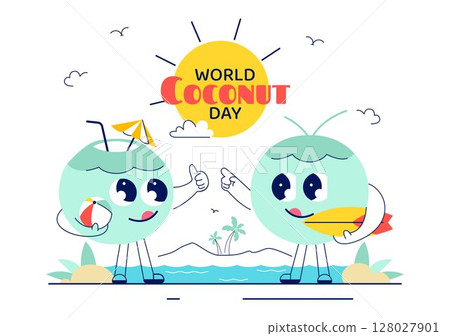 World Coconut Day Vector Illustration on September 2nd featuring Coconut Trees, Flowers, Tropical Leaves, and a Beach in a Flat Style Background 128027901
