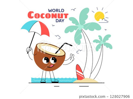 World Coconut Day Vector Illustration on September 2nd featuring Coconut Trees, Flowers, Tropical Leaves, and a Beach in a Flat Style Background 128027906